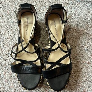 Adrienne Vittadini Sandals Womens 9M Louie Strappy Espadrille Black Fine Leather